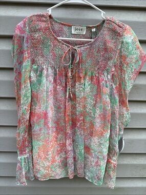 Joie | NWT Greenbriar Multicolor 100% Silk Smocked Top size 1X